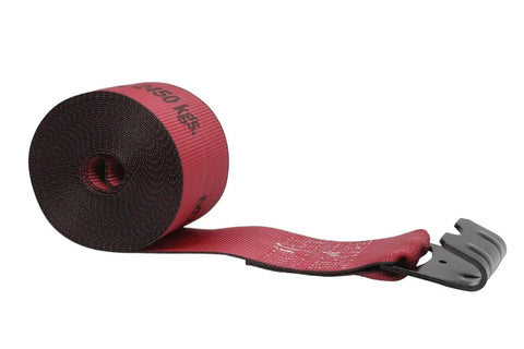 Beefy 4 Inch Wide By 30 Foot Red Winch Straps With Flat Hooks, Heavy Duty Cargo Tie Downs, 5400 Lbs Working Load Limit, Weather Resistant, Built Tough For Flatbed Trucks And Utility Trailers, 10 Pack rolled red winch strap with flat hook