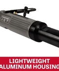 Pneumatic 1/4 Inch Die Grinder With Extended Shaft, 23000 RPM, showing lightweight aluminum body and safety lock feature.