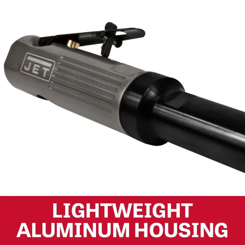 Pneumatic 1/4 Inch Die Grinder With Extended Shaft, 23000 RPM, showing lightweight aluminum body and safety lock feature.