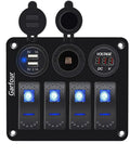 All In One 4 Gang Waterproof Marine Rocker Switch Panel With 12A 24V Capacity, Dual 2.1A USB Fast Chargers, Digital Voltmeter And Cigarette Lighter Socket, Perfect for Pontoon Boats, RVs, Trucks, ATVs And UTVs. Black aluminum 4-gang marine switch panel with USB ports and voltmeter