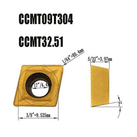 Carbide Turning Inserts CCMT09T304 CCMT32.51 with dimensions for SCMCN1212H09 lathe tool, front and side view illustration.
