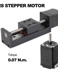 Premium 50mm Mini Linear Stage Actuator with 28 by 30 Stepper Motor and T Threaded Lead Screw Rod for Sick DIY CNC Router Builds Providing Hella Accurate X Y Z Axis Movement with visible torque rating.