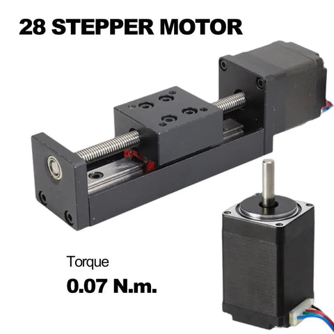 Premium 50mm Mini Linear Stage Actuator with 28 by 30 Stepper Motor and T Threaded Lead Screw Rod for Sick DIY CNC Router Builds Providing Hella Accurate X Y Z Axis Movement with visible torque rating.