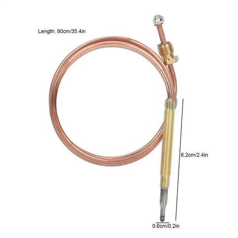 900Mm Gas Stove Thermocouple Kit With Five Nuts Universal Thermocouple For Gas Stoves BBQ Ovens Heaters Easy Install Solenoid Valve Compatible Safe Replacement For Boilers Water Heaters Fireplaces shown in a coiled position with measurements.