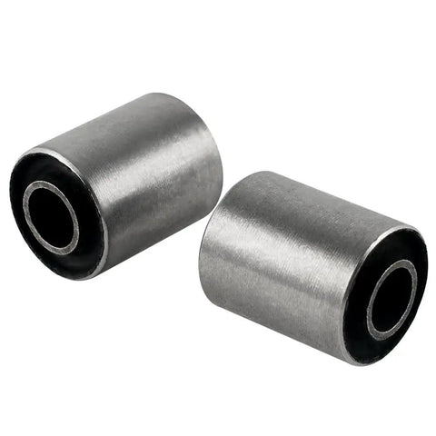 Honda Z50 Rear Swing Arm Bushing Set 2pc Durable Stainless Steel Aluminum Bushings With Rubber Sleeve For XR50 XR70 CRF50 CRF70 Z50JZ Z50J1 Z50R Direct Replacement Reduces Play and Improves Steering Smoothness for Off Road Cruisers close-up of two silver bushings