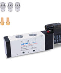 DC12V Solenoid Valve 4V410-15 One Half Inch PT Pneumatic Air Valve 2 Position 5 Way Electric Single Coil Pilot Operated Aluminum Alloy Body Vent Silencer Port Half Inch shown with fittings and silencers.
