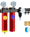 Two Stage Pro Filtration System With Built In Regulator For Clean Compressed Air NANPU ZP R Includes Sintered And Fine Filters Three Eighths NPT Inlet And Quarter Inch NPT Outlet Delivers 127 CFM At 6 Bar With Metal Body And 248 Fahrenheit with red filters and pressure gauges