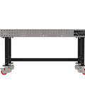 Boss Grade Heavy Duty Welding Fixture Table With Precision Laser Cut Hole Grid And Sweet Rolling Non Marking Casters 72 By 36 By 36 Inch Mobile Shop Bench For Steel Fabrication Use side view showing welded steel frame and rolling casters.