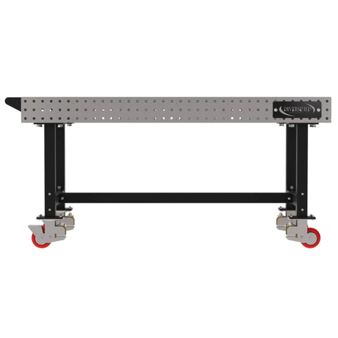 Boss Grade Heavy Duty Welding Fixture Table With Precision Laser Cut Hole Grid And Sweet Rolling Non Marking Casters 72 By 36 By 36 Inch Mobile Shop Bench For Steel Fabrication Use side view showing welded steel frame and rolling casters.
