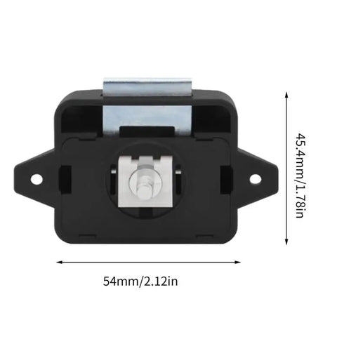 Black and metal Push Button Drawer Latch 5-Set Cabinet Locks For Boats And RVs, measuring 54mm x 45.4mm, front view.