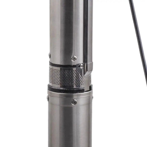 Heavy Duty Plug And Play 4 Inch Borehole Submersible Well Pump featuring stainless steel body and grid texture for durability.