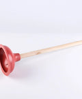 Eighteen Inch Heavy Duty Toilet Plunger Featuring A Thick Red Rubber Cup And Sturdy Wood Grip ready to blast away clogs from sinks and tubs.
