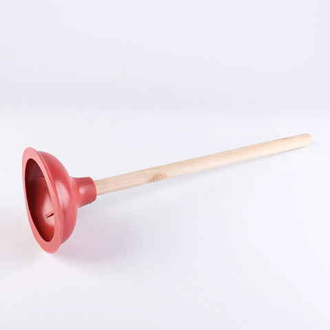 Eighteen Inch Heavy Duty Toilet Plunger Featuring A Thick Red Rubber Cup And Sturdy Wood Grip ready to blast away clogs from sinks and tubs.