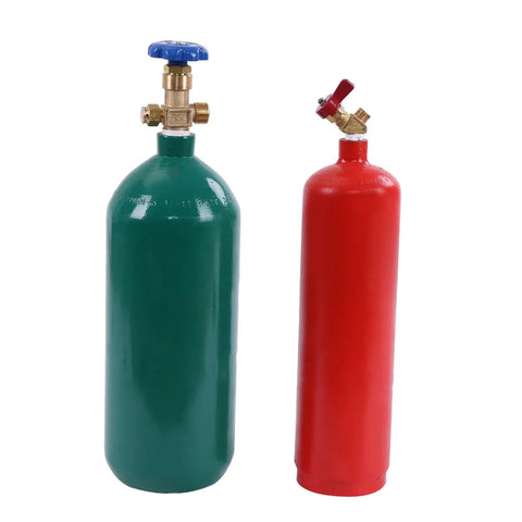 Two gas tanks from Brass Torch Welding And Cutting Kit With Dual Gauge CGA540 CGA200 12ft Twin Hose Empty 4L And 2L Tanks For Auto Metal Fabrication.