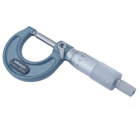 Close-up of an Outside Micrometer 0 to 25mm with 0.01mm Graduation and ±0.002mm Accuracy, showing thimble and sleeve scale.
