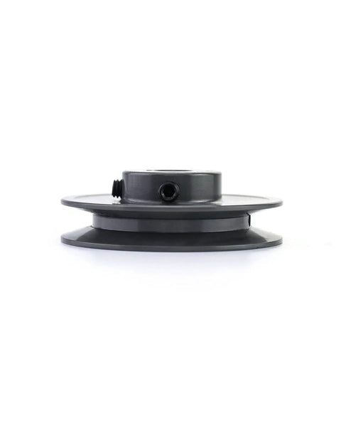 Side view of Rock Solid Single Groove V Belt Pulley 3.45 Inch OD Five Eighth Inch Bore Cast Iron Fixed Bore 1 Groove Sheave