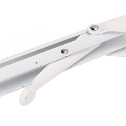 Close-up of Heavy Duty Collapsible Shelf Brackets 2-Pack, Steel Wall Mount showing hinge and rivet details.