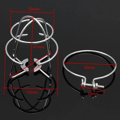 Heavy Duty Iron Cage Guard Universal Fire Sprinkler Head Protector Set, silver iron cages, dimensions labeled, for gyms and warehouses.