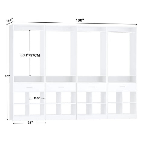 Massive 100 Inch White Closet Organizer With Four Roomy Wooden Drawers And Four Heavy Duty Hanging Rods Featuring Sixteen Handy Cubby Storages For A Quick Walk In Wardrobe Setup That Is A Total No Brainer, showcasing dimensions and storage layout.