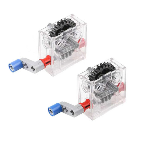 Two transparent gearbox blocks with visible gears and blue connector ends, angled front view
