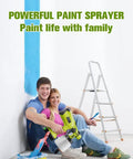 Cordless HVLP Paint Sprayer With 200W Brushless Motor And Roomy Cup held by smiling couple while painting indoors.