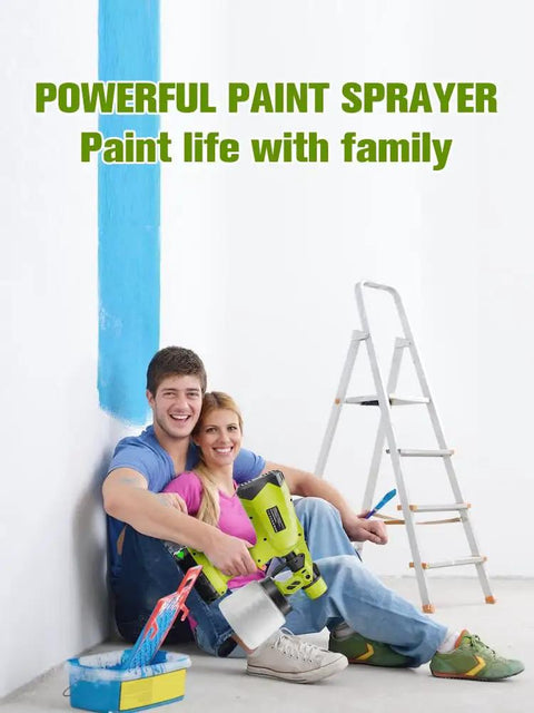 Cordless HVLP Paint Sprayer With 200W Brushless Motor And Roomy Cup held by smiling couple while painting indoors.