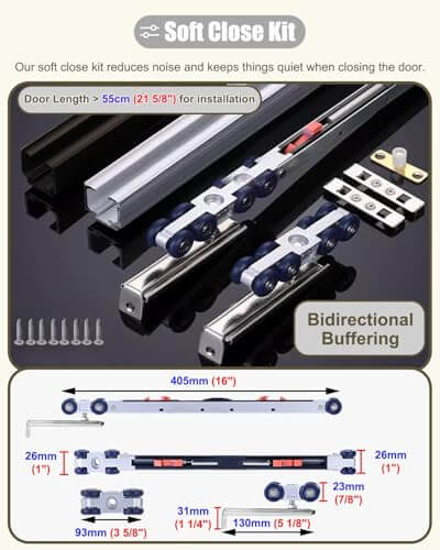 Soft Close Pocket Door Track Kit For Barn Doors, 5.9Ft Black Sliding Hardware For Bifold And Folding Panels components shown