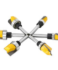 Six Piece Template Router Bit Set With Bearing for Woodworking, featuring yellow-tipped bits, quarter inch shank