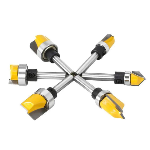 Six Piece Template Router Bit Set With Bearing for Woodworking, featuring yellow-tipped bits, quarter inch shank