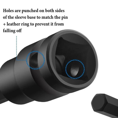 Cool 10-Piece Torx Socket Adapter Set With T20 To T70 Bits For Your 1/2 Inch Impact Wrench. Close-up of black 1/2-inch torx socket adapter with side holes and pin lock.