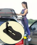 Beefed Up Aircraft Grade Aluminum Door Step For Tesla Cybertruck Roof Rack Cargo Gear Haul Rock Solid Tailgate Entry Platform With Paint Safe Rubber Grip Pads, woman using step to load luggage.