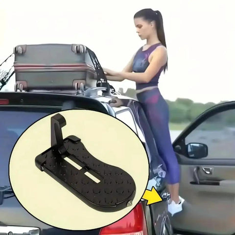 Beefed Up Aircraft Grade Aluminum Door Step For Tesla Cybertruck Roof Rack Cargo Gear Haul Rock Solid Tailgate Entry Platform With Paint Safe Rubber Grip Pads, woman using step to load luggage.