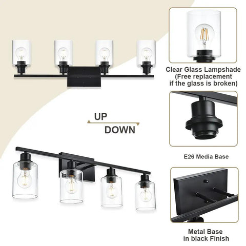4 Light Modern Bathroom Lighting Fixtures In Matte Black Finish With Clear Glass Shades For A Bright Warm Glow, Anti Rust Farmhouse Wall Sconces For Vanity, Bedroom, Kitchen And Cabinet, E26 Socket, Bulbs Not Included