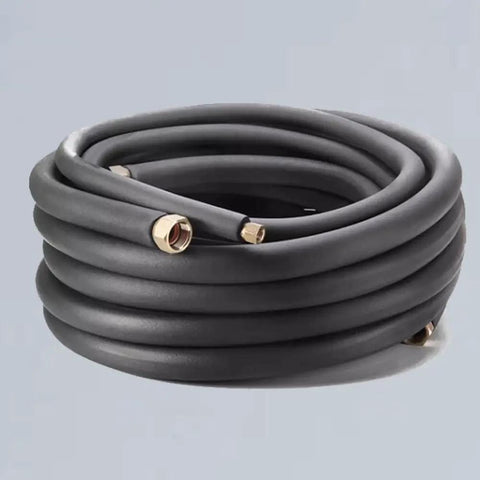 Pipe Insulation Foam Tubing One Inch Inner Diameter Six Feet Long Rubber Foam Insulation coiled on a white background
