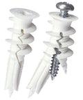 Close-up of white plastic drywall anchors with screws for medium duty walls, 75 lb capacity, 50-pack for home or office use.