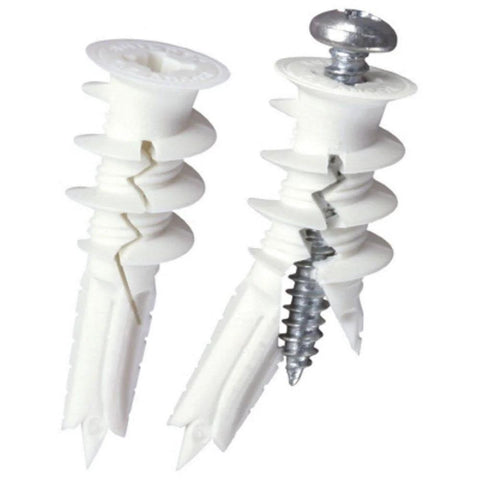Close-up of white plastic drywall anchors with screws for medium duty walls, 75 lb capacity, 50-pack for home or office use.