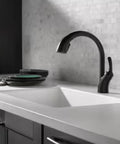 Matte Black Kitchen Faucet With Mid-Rise Pull-Out Sprayer For Single-Hole Install in modern kitchen setting with white countertop
