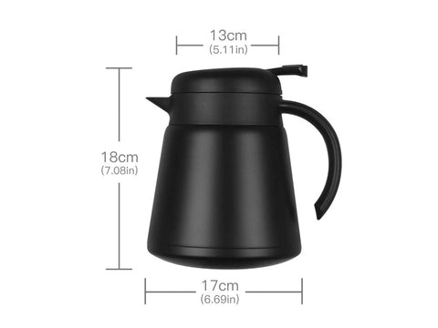 Side view of Monster 68 Ounce Stainless Steel Vacuum Insulated Coffee Carafe With Double Wall Construction, dimensions shown