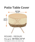 Illustration showing Veranda Round Patio Table Cover Fits 36 Inch Diameter Tables Up To 23 Inches High Water-Resistant Outdoor Cover.