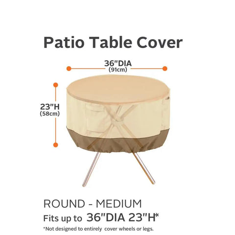 Illustration showing Veranda Round Patio Table Cover Fits 36 Inch Diameter Tables Up To 23 Inches High Water-Resistant Outdoor Cover.