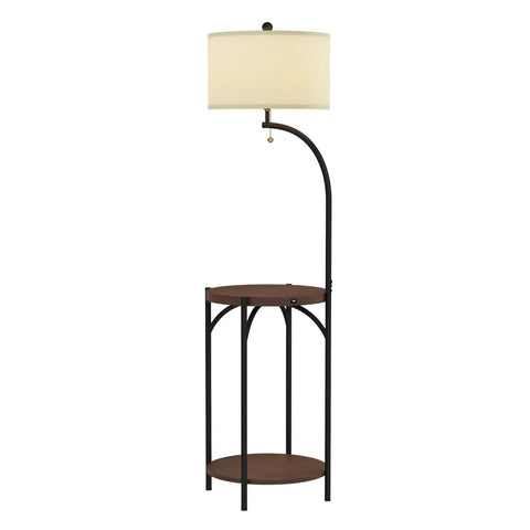 Go-To Space Saving Floor Lamp With End Table And USB Port, modern rustic standing light with side shelves and drum shade, 58 in tall