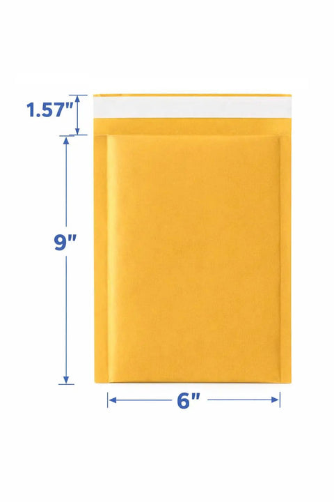 6x9 Inch Bubble Mailers 25 Pack Self Seal Padded Envelopes Kraft with bubble padding, dimensions labeled, front view