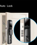 Slick Smart Door Lock With Built In Camera Rock Solid Fingerprint Reader Plus Secure Password IC Card Key Backup For Dead Simple Setup And Reliable Home Security, close-up view on auto lock features.