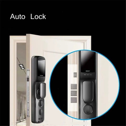 Slick Smart Door Lock With Built In Camera Rock Solid Fingerprint Reader Plus Secure Password IC Card Key Backup For Dead Simple Setup And Reliable Home Security, close-up view on auto lock features.