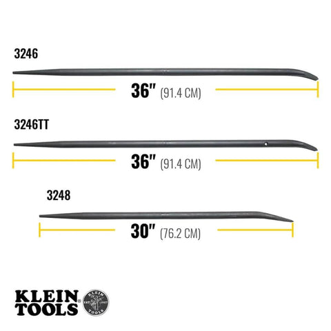 Comparison of Klein Tools ergonomic bars, including Ergonomic Round Connecting Bar 7/8 Inch Wide By 30 Inch Long With 15 Degree Angled Chisel.