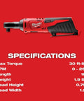 Top Shelf M12 Cordless 3/8 Inch Drive Ratchet Tool With One Point Five Amp Hour Red Lithium Battery Pack featuring specifications overview.