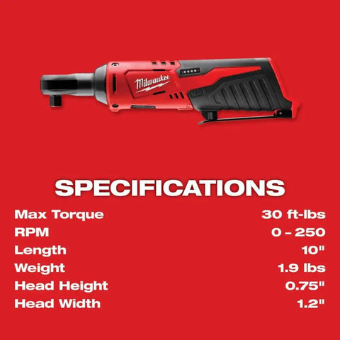 Top Shelf M12 Cordless 3/8 Inch Drive Ratchet Tool With One Point Five Amp Hour Red Lithium Battery Pack featuring specifications overview.