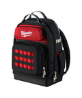 Heavy Duty Canvas Jobsite Backpack With 48 Pockets And Ultra Comfortable Load Bearing Harness Built Like A Tank For Real Deal Contractors And Crew Chiefs Who Want Solid Boss Gear On The Road, showcased from the side with red and black design.