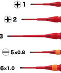 Five-piece Ball Grip Insulated Screwdriver Set, VDE certified, ergonomic handles, various sizes, Japanese made dielectric gear