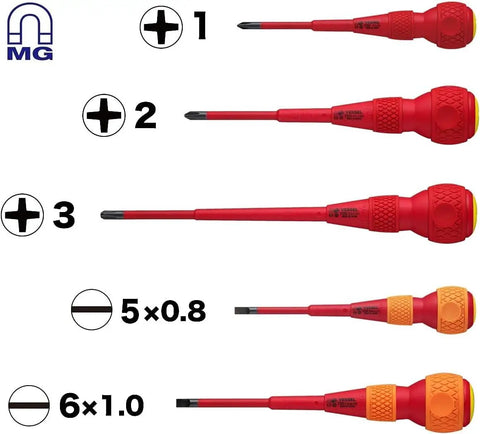 Five-piece Ball Grip Insulated Screwdriver Set, VDE certified, ergonomic handles, various sizes, Japanese made dielectric gear